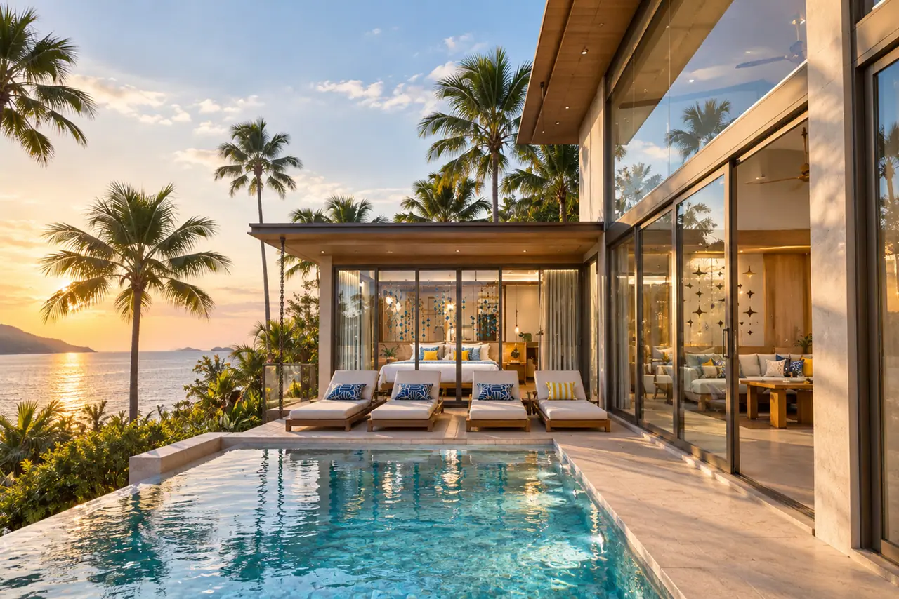 A private pool villa at sunset, its infinity pool glowing beneath palms with the Andaman Sea on the horizon