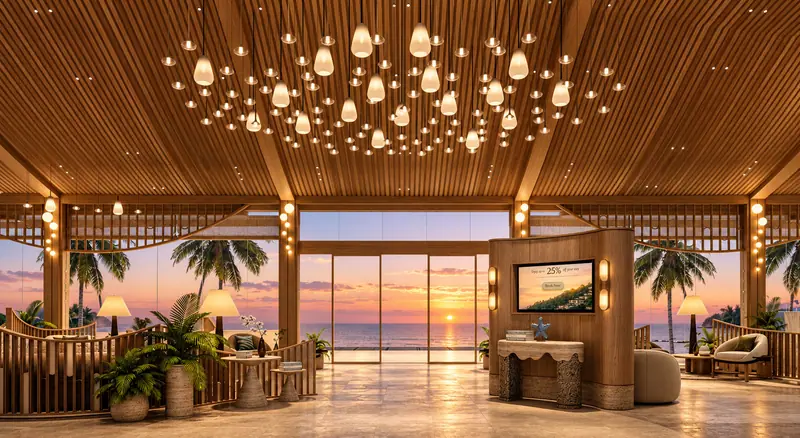 Open-air lobby glowing at sunset above the sea