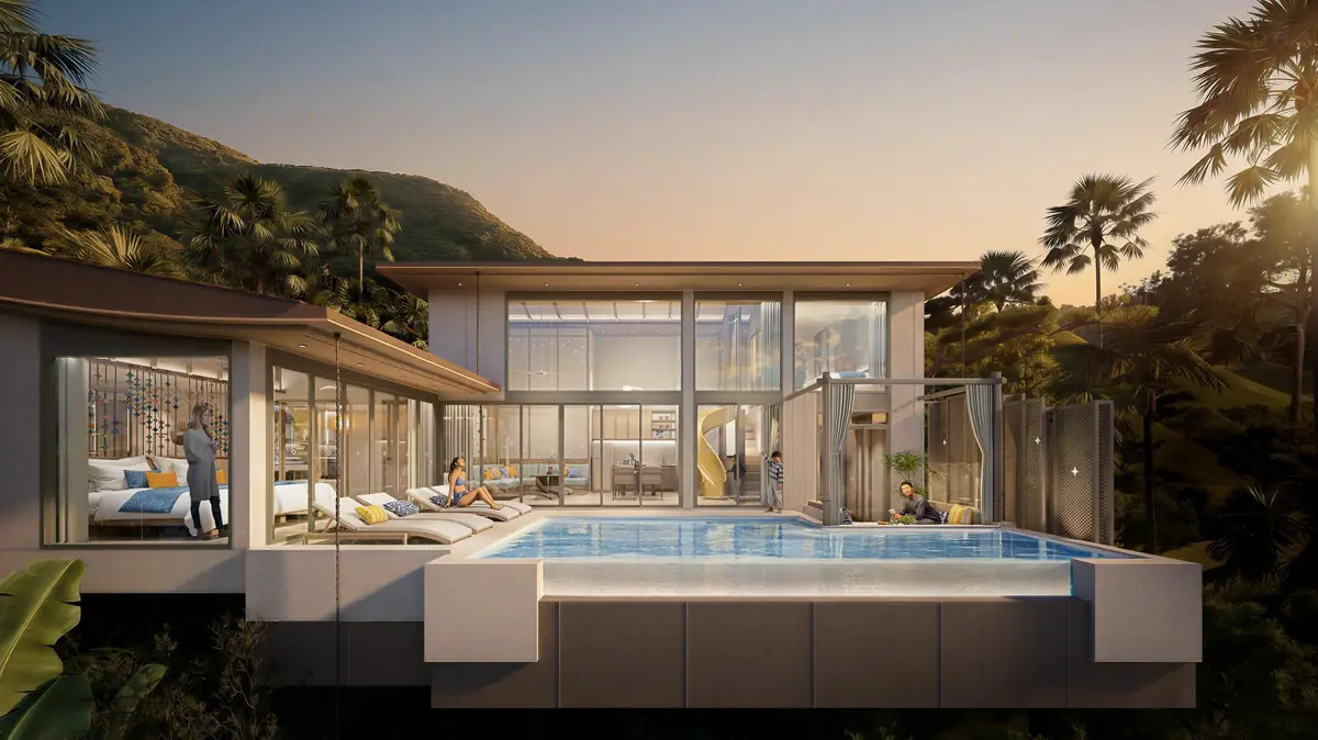 Seaview 2-Bedroom Duplex Pool Villa at golden hour
