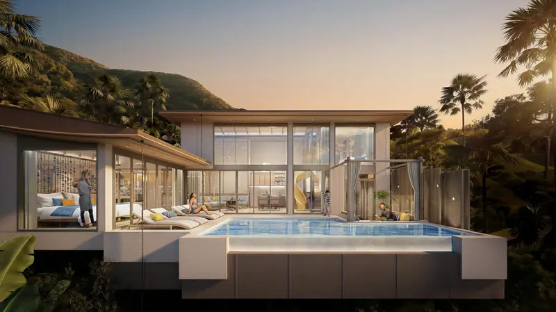 Seaview 2-Bedroom Duplex Pool Villa glowing at golden hour on the forested hillside