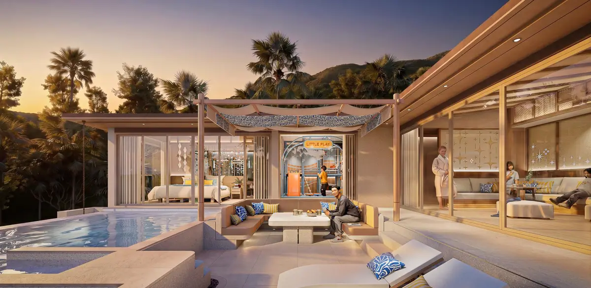 Seaview 3-Bedroom Family Pool Villa terrace at sunset
