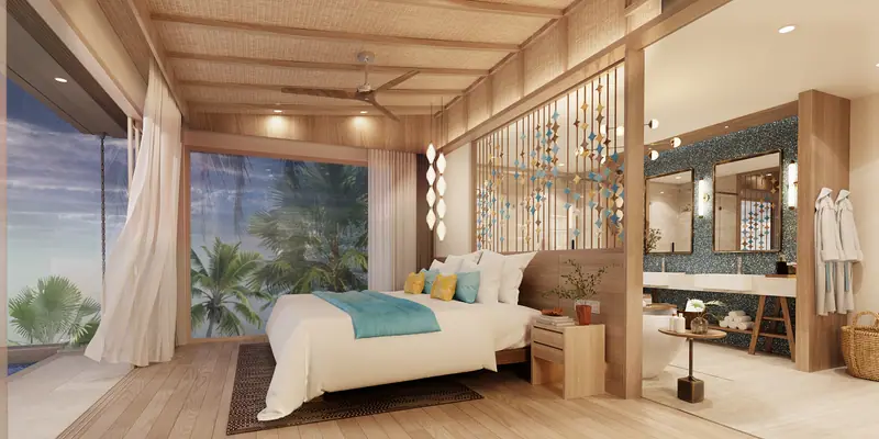 Bedroom with a sea-view window and woven lanterns